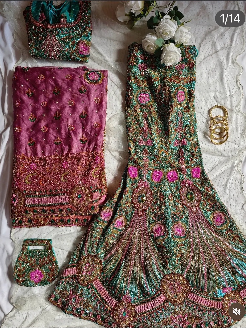 Very Heavily Embellished Floral Mermaid Lehenga + Choli in Teal & Pink